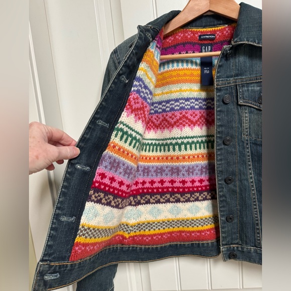 VTG Gap Fair Isle Lambswool Lined Vintage Fade Denim Jacket. Size XS - Picture 3 of 7